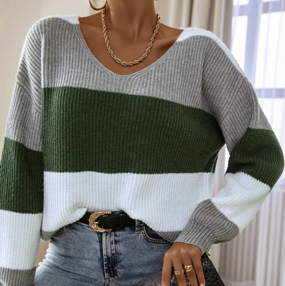 Color Block V-Neck Dropped Shoulder Sweater